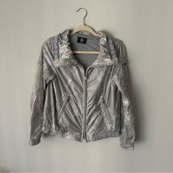 Bogner Sports Full Zip Windbreaker Jacket Flamingo Floral Print Silver Metallic - Picture 1 of 12